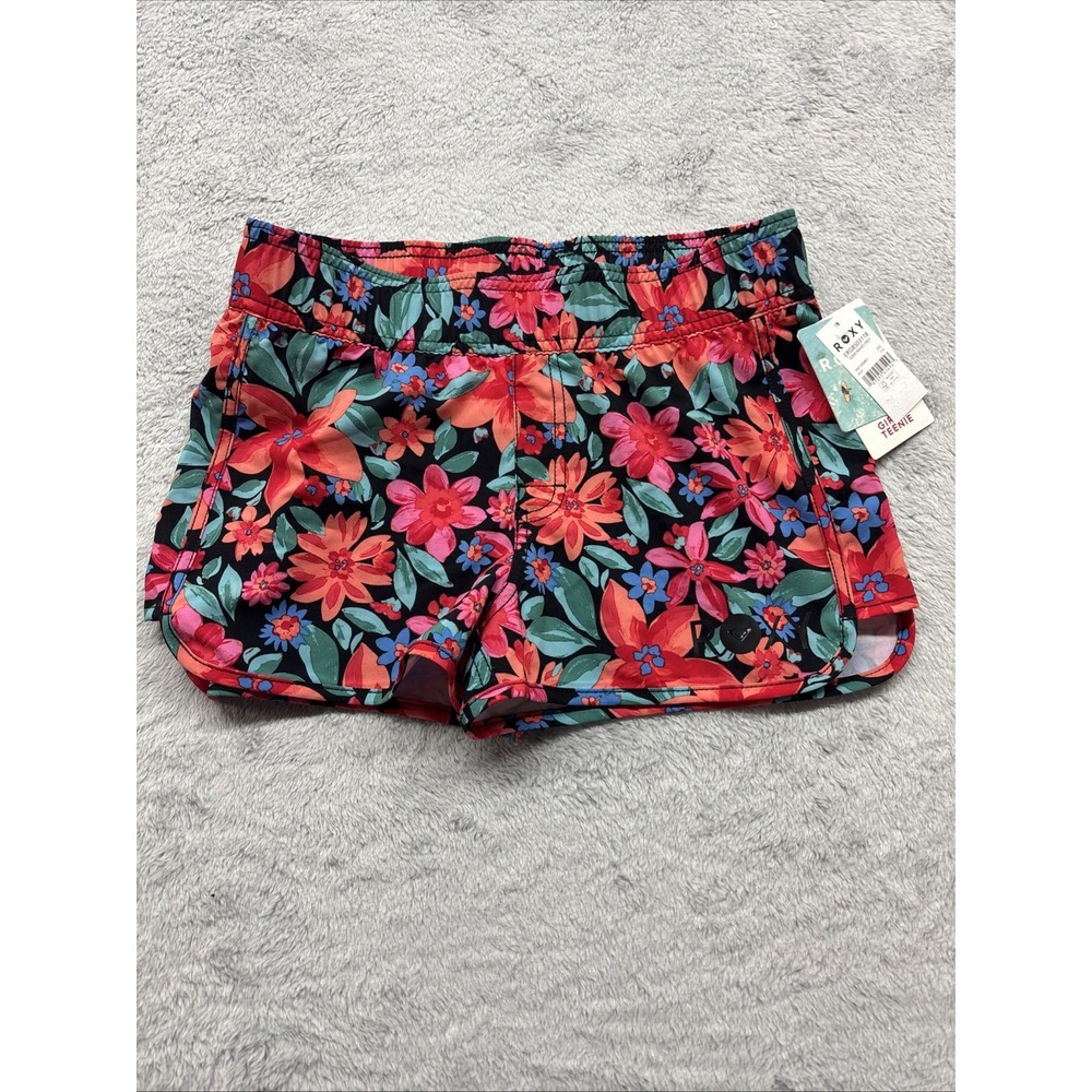Roxy Girls Size 12 L Good Waves Only Floral Board Shorts Black Pink‎ ERGBS03118